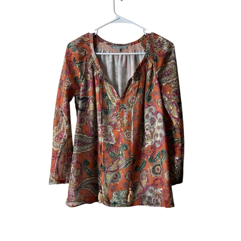 Daniel Rainn Stitch Fix Orange Gold Paisley Tassel Tie Blouse